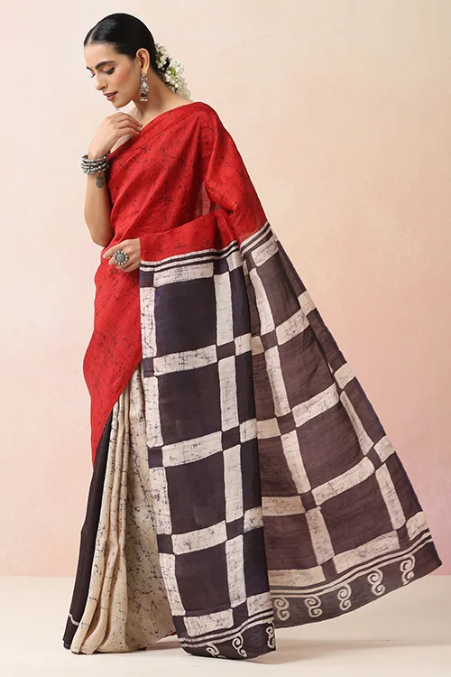 GC 'Check' Handwoven Hand Batik Pure Silk with SilkMark Saree - Image 4