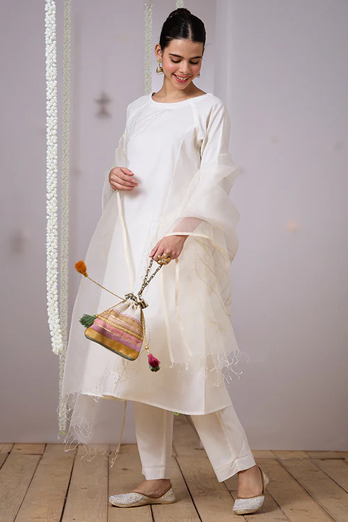 Okhai "Gold Leaf" Mukaish and Khaat Bharat work Kurta Pant set - Image 2