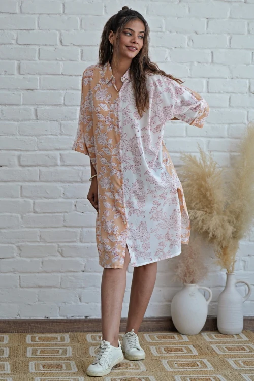 Sooti Syahi Grace In Peach Hand Block Printed Oversize Shirt - Image 2