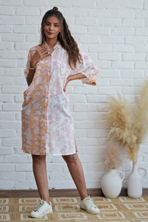 Sooti Syahi Grace In Peach Hand Block Printed Oversize Shirt - Image 5
