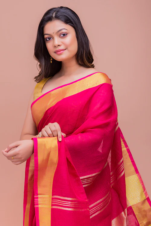 TICH Graceful Elegance. Soft Bengal Handwoven Linen Sari - Deep Pink & Gold - Image 3
