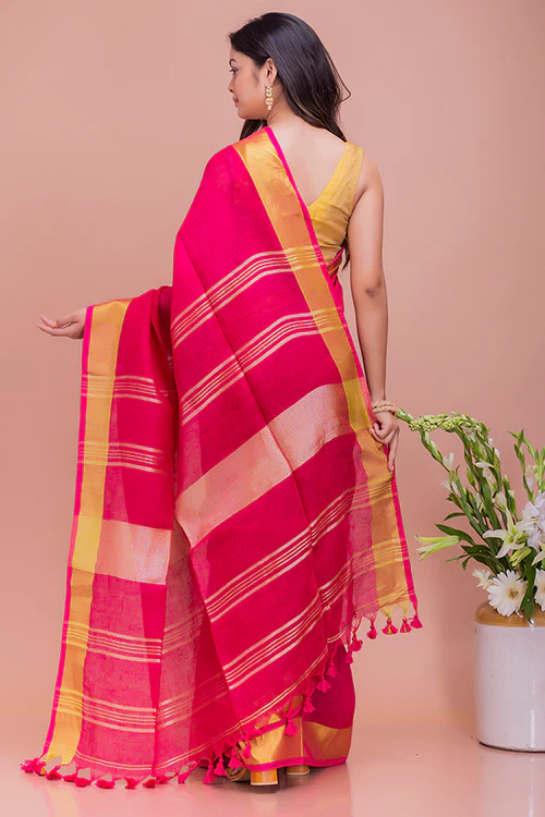 TICH Graceful Elegance. Soft Bengal Handwoven Linen Sari - Deep Pink & Gold - Image 4