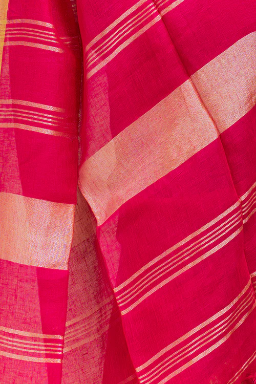 TICH Graceful Elegance. Soft Bengal Handwoven Linen Sari - Deep Pink & Gold - Image 5
