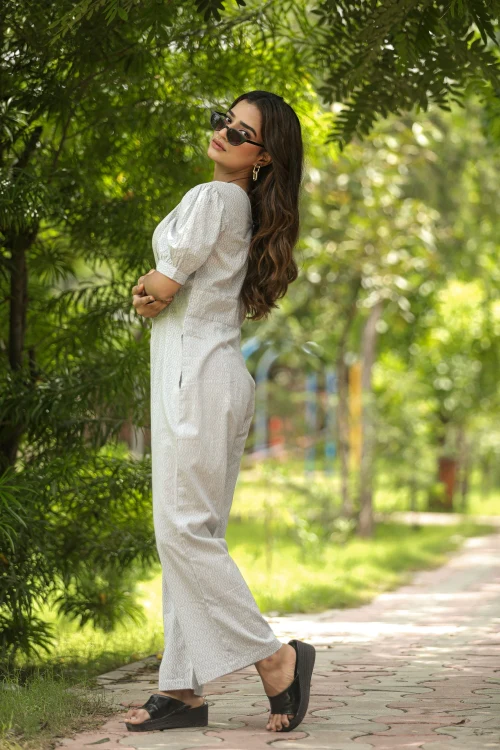 Sooti Syahi Gray Bee Hive Hand Block Printed Jumpsuit - Image 4
