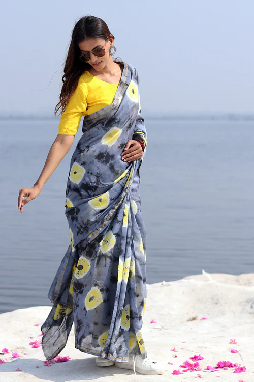 Sooti Syahi "Gray Martini" Bandhni Chanderi Saree - Image 5
