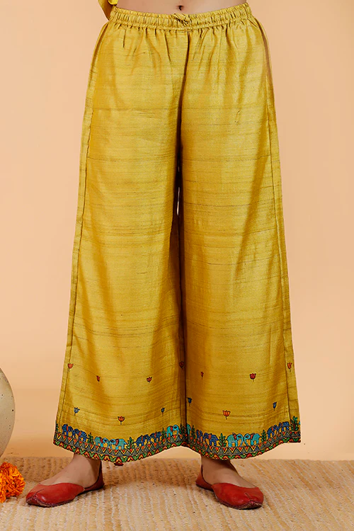 Gubbaro Handpainted Madhubani 'Gajanand Mayur' Tussar Silk Pant - Image 2