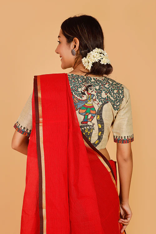 Gubbaro Handpainted Madhubani 'Krishna Nritya' Cotton Blouse - Image 3