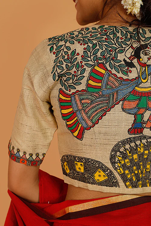 Gubbaro Handpainted Madhubani 'Krishna Nritya' Cotton Blouse - Image 5