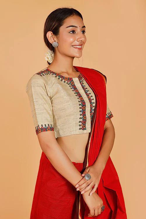 Gubbaro Handpainted Madhubani 'Krishna Nritya' Cotton Blouse - Image 6