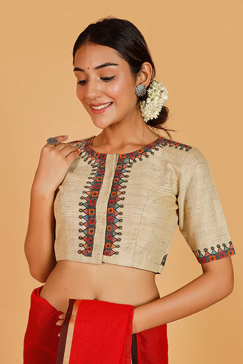 Gubbaro Handpainted Madhubani 'Krishna Nritya' Cotton Blouse - Image 7