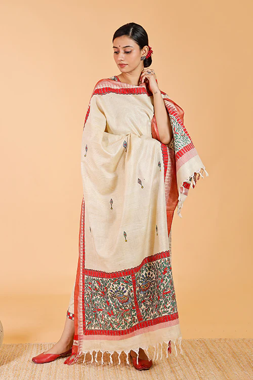 Gubbaro Handpainted Madhubani 'Mithila Mayur' Dupatta - Image 4