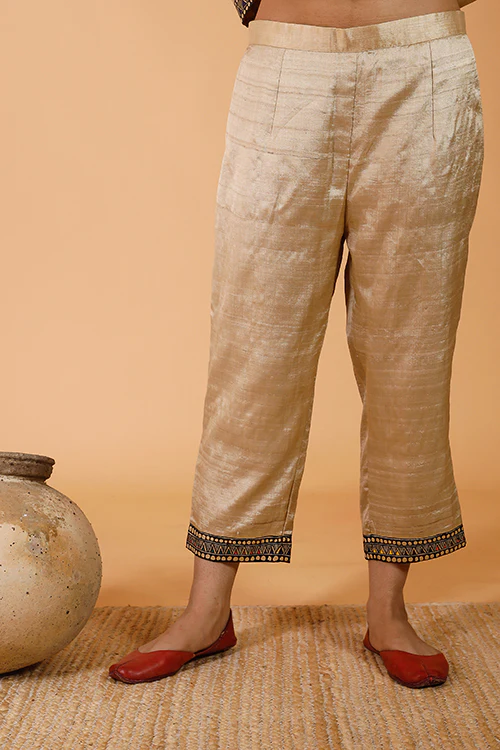 Gubbaro Handpainted Madhubani 'Radha-Krishna' Banana Silk Pant - Image 3
