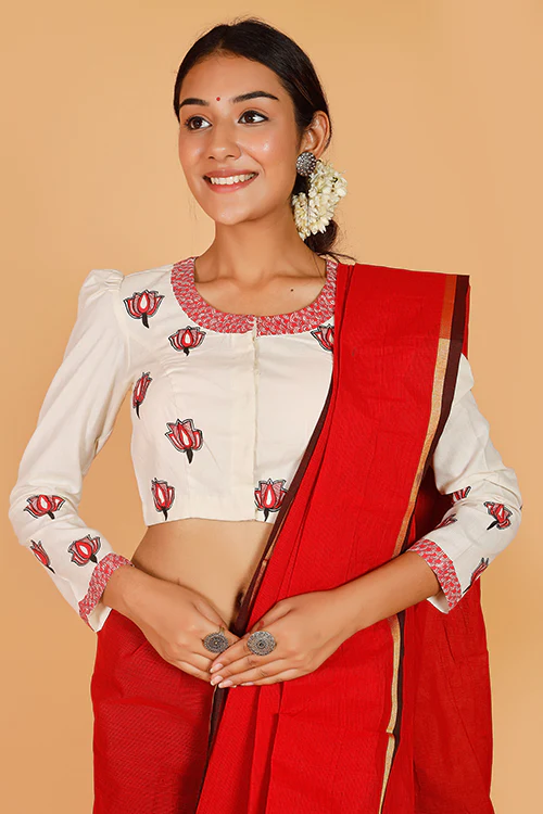 Gubbaro Handpainted Madhubani 'Samvidkamal' Cotton Blouse - Image 3