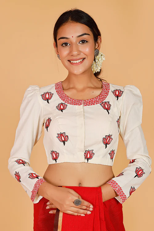 Gubbaro Handpainted Madhubani 'Samvidkamal' Cotton Blouse - Image 6