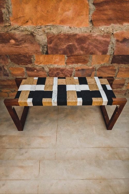 Sirohi Gulmohar Cotton Wooden Bench - Image 2