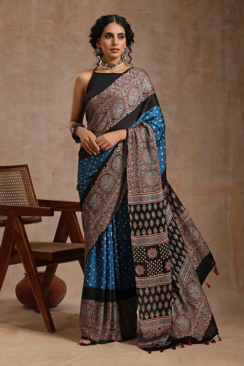 Jahangir Khatri - Black & Sky Blue Ajrakh & Bandhani Modal Saree