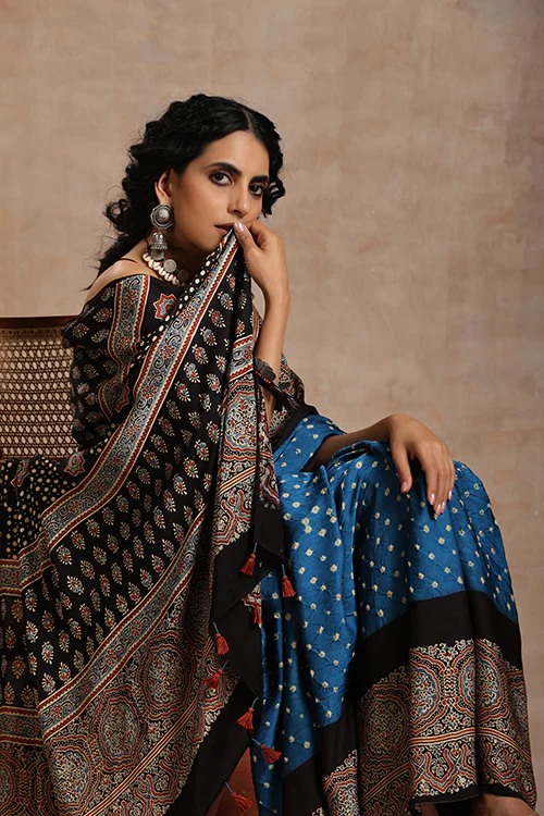 Jahangir Khatri - Black & Sky Blue Ajrakh & Bandhani Modal Saree - Image 5