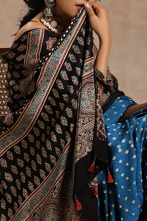 Jahangir Khatri - Black & Sky Blue Ajrakh & Bandhani Modal Saree - Image 6