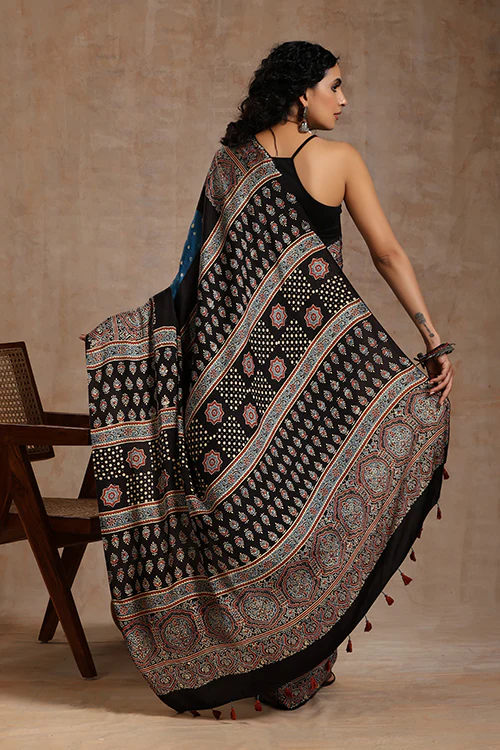 Jahangir Khatri - Black & Sky Blue Ajrakh & Bandhani Modal Saree - Image 7