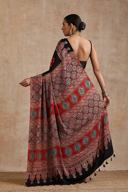 Jahangir Khatri - Red & Red Ajrakh & Bandhani Modal Saree - Image 2