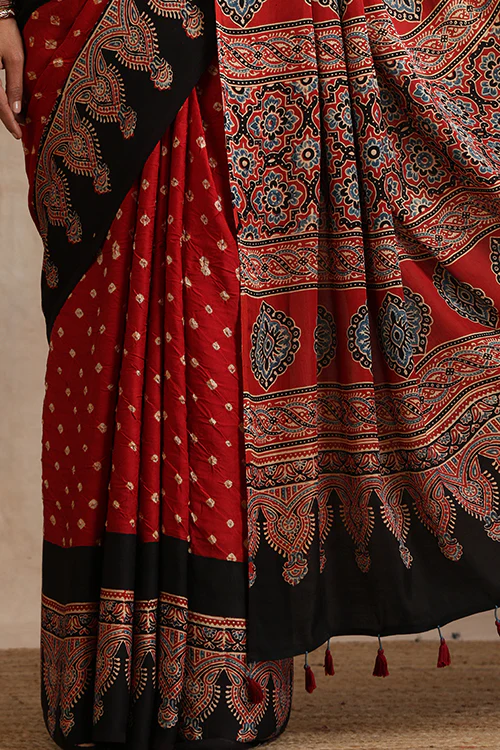 Jahangir Khatri - Red & Red Ajrakh & Bandhani Modal Saree - Image 6