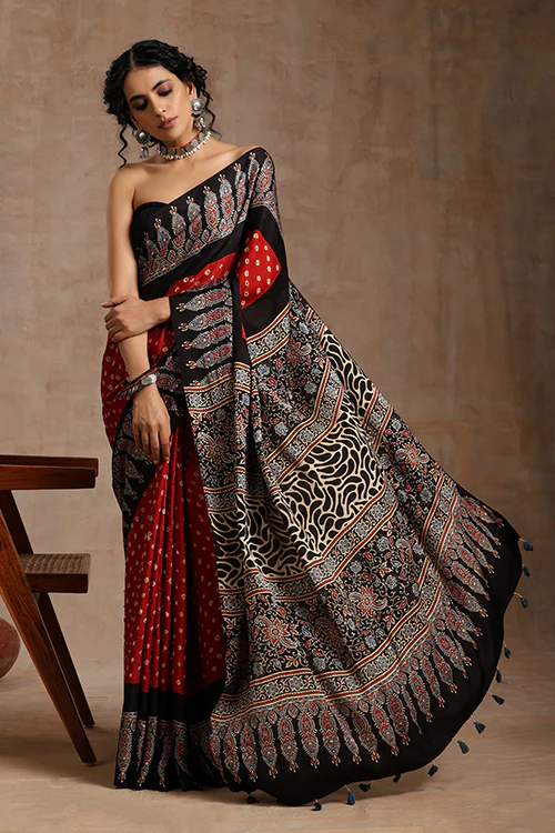 Jahangir Khatri - Black & Red Ajrakh & Bandhani Modal Saree