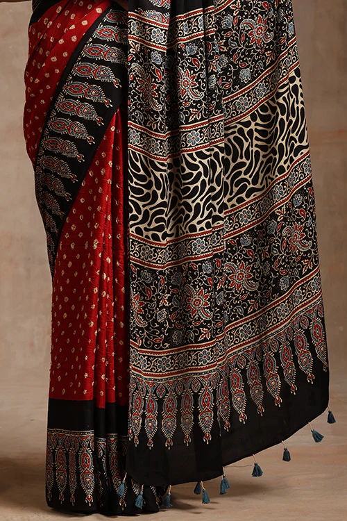 Jahangir Khatri - Black & Red Ajrakh & Bandhani Modal Saree - Image 2