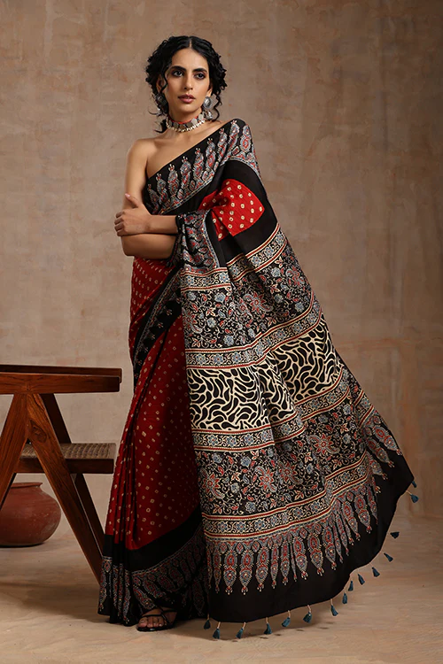 Jahangir Khatri - Black & Red Ajrakh & Bandhani Modal Saree - Image 3