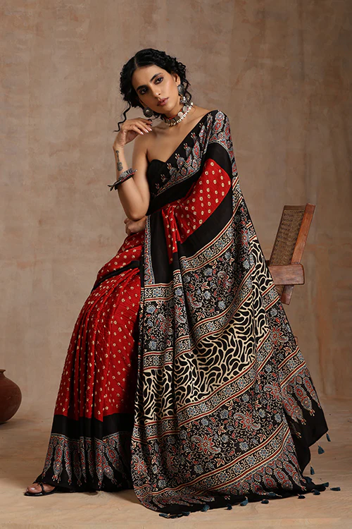 Jahangir Khatri - Black & Red Ajrakh & Bandhani Modal Saree - Image 4