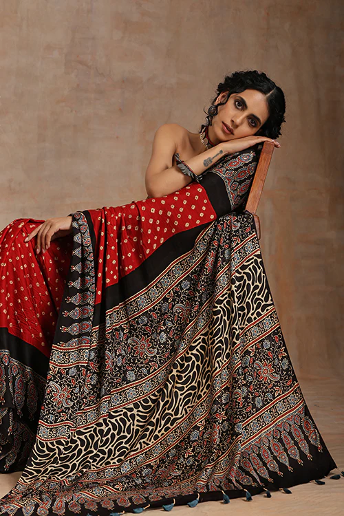 Jahangir Khatri - Black & Red Ajrakh & Bandhani Modal Saree - Image 7