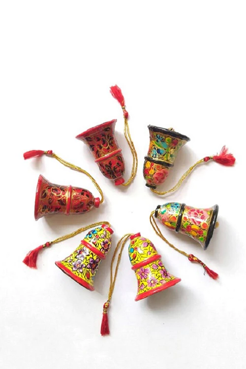 Set of 6 Multicolor Assorted Hand-painted Christmas bells with gift pouch