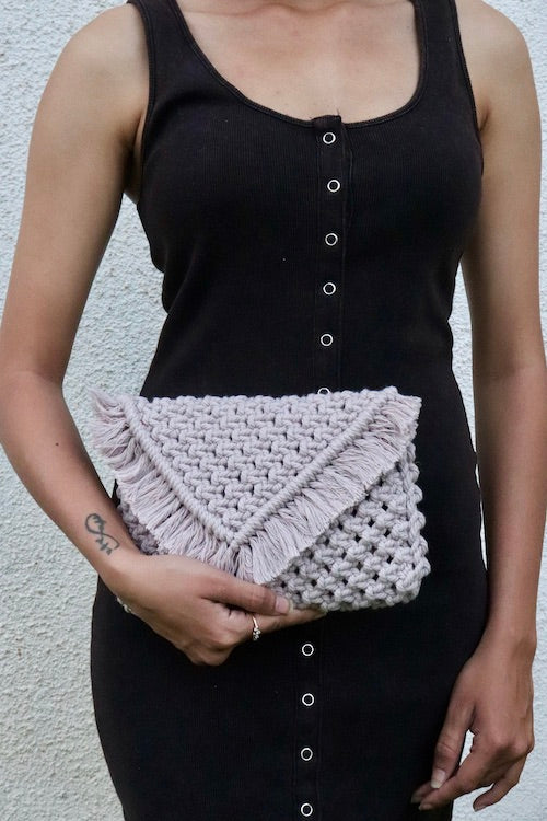 House of Macrame Handcrafted Macrame Clutch Bag with swing (Blush Grey) - Image 3
