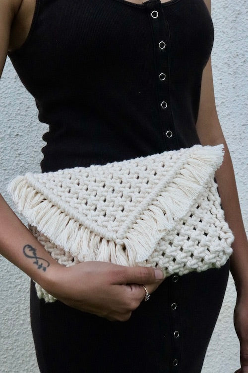 House of Macrame Handcrafted Macrame Clutch Bag with swing (Off-white) - Image 4