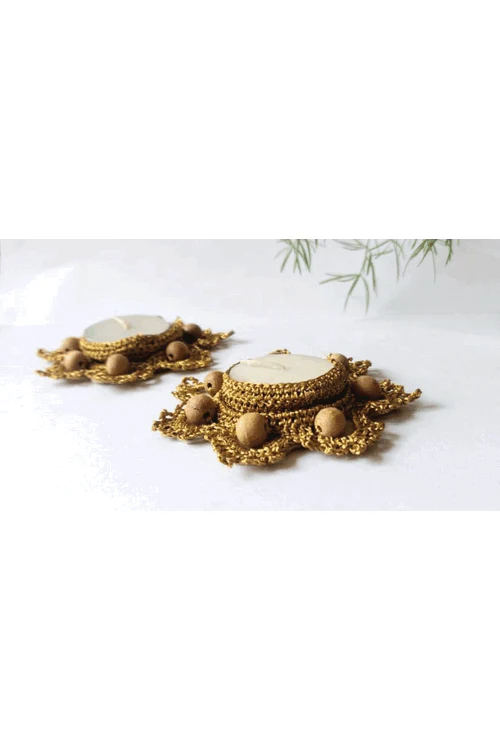 "Svatanya" Handcrafted Eco-Friendly Crochet & Zari T-Light with Wooden Beads Set of 2 - Image 3
