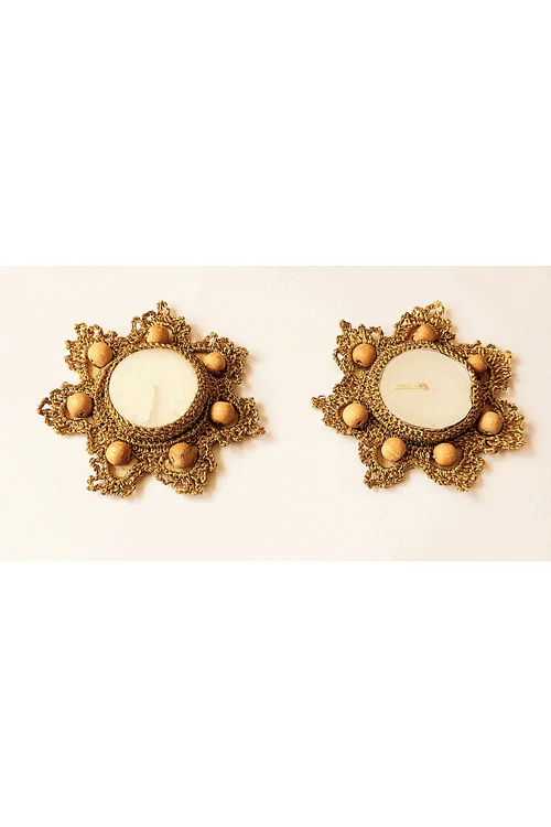 "Svatanya" Handcrafted Eco-Friendly Crochet & Zari T-Light with Wooden Beads Set of 2 - Image 4