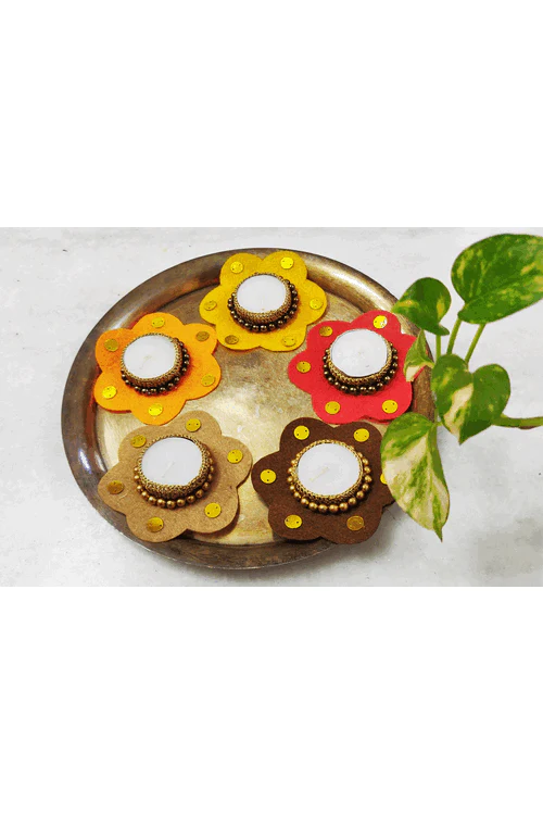 "Svatanya" Handcrafted Eco-Friendly Felt and Gold Zari Crochet T-Light Holder Set Of 5 - Image 3