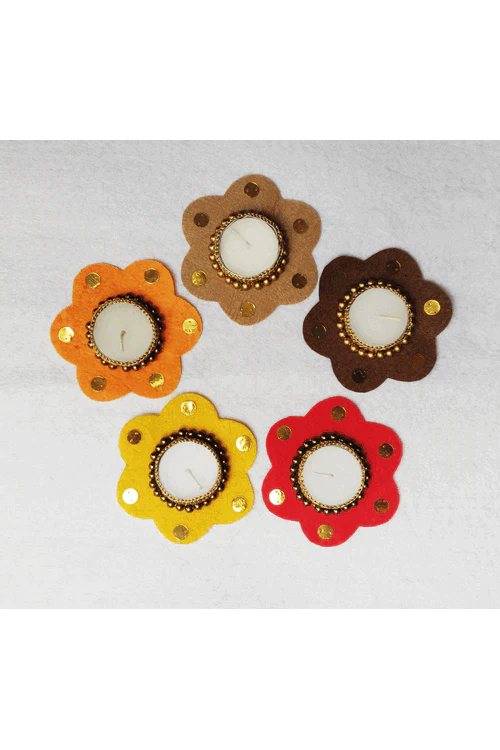 "Svatanya" Handcrafted Eco-Friendly Felt and Gold Zari Crochet T-Light Holder Set Of 5 - Image 4