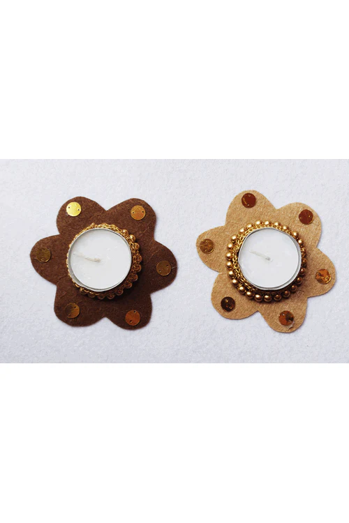 "Svatanya" Handcrafted Eco-Friendly Felt Flower with Gold Zari CrochetT-Light Set of 2 - Image 3