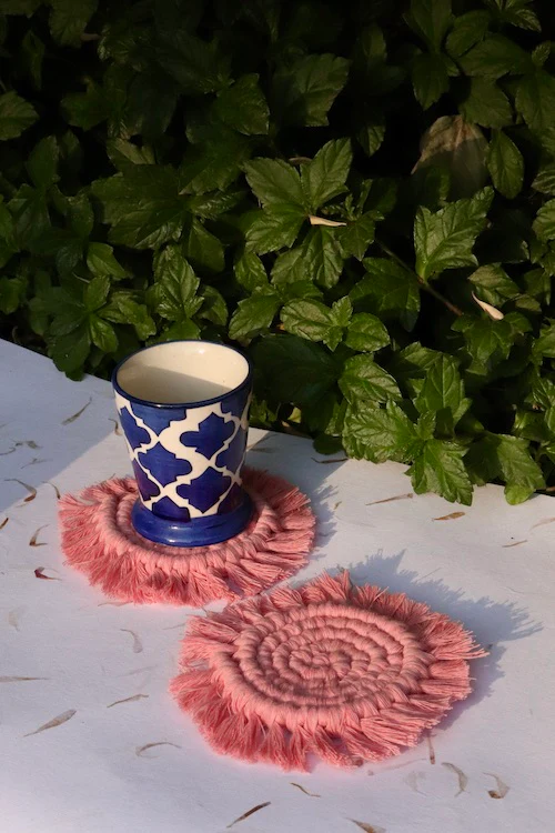 House of Macrame Handcrafted Macrame Round Coasters (Set of 2) - Pink