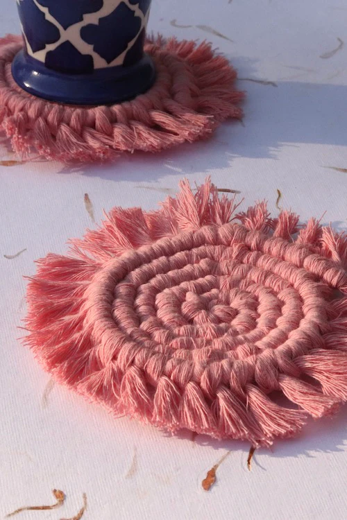 House of Macrame Handcrafted Macrame Round Coasters (Set of 2) - Pink - Image 2