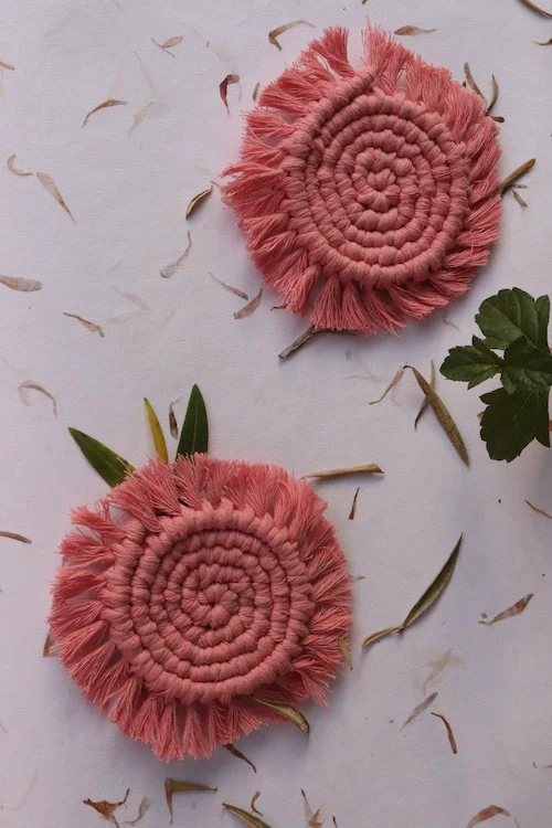 House of Macrame Handcrafted Macrame Round Coasters (Set of 2) - Pink - Image 3