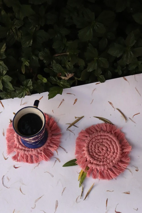 House of Macrame Handcrafted Macrame Round Coasters (Set of 2) - Pink - Image 4