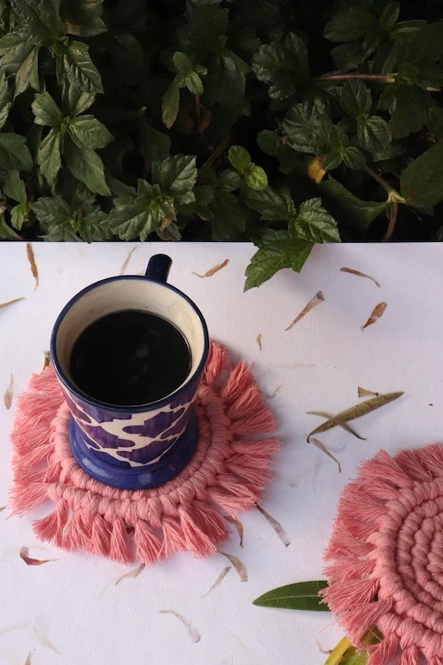 House of Macrame Handcrafted Macrame Round Coasters (Set of 2) - Pink - Image 5