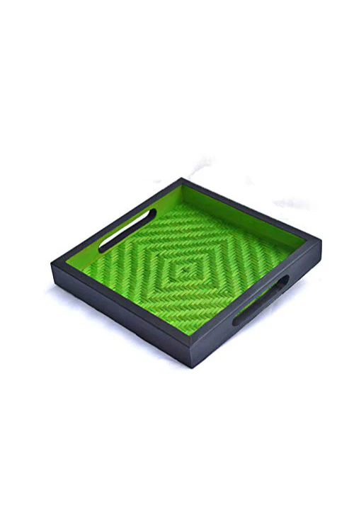 Kadam Haat Handmade Bamboo Square Tray - Small (Green & Black) - Image 3