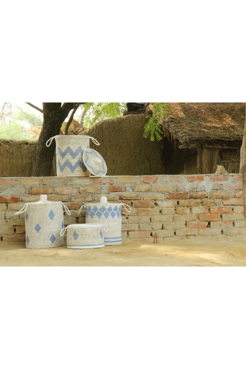 Kadam Haat Handmade Moonj Grass Storage Basket (Indigo) - Image 3