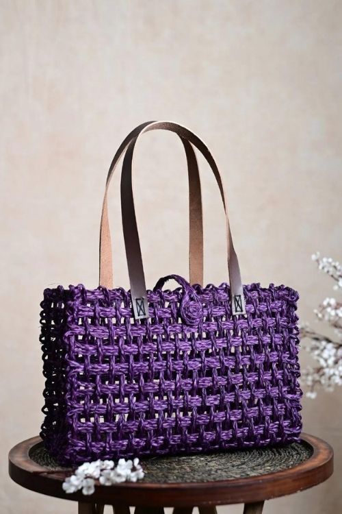 Kadam Haat Handmade Sabai Grass Mesh Bag - Large (Lavender) - Image 5