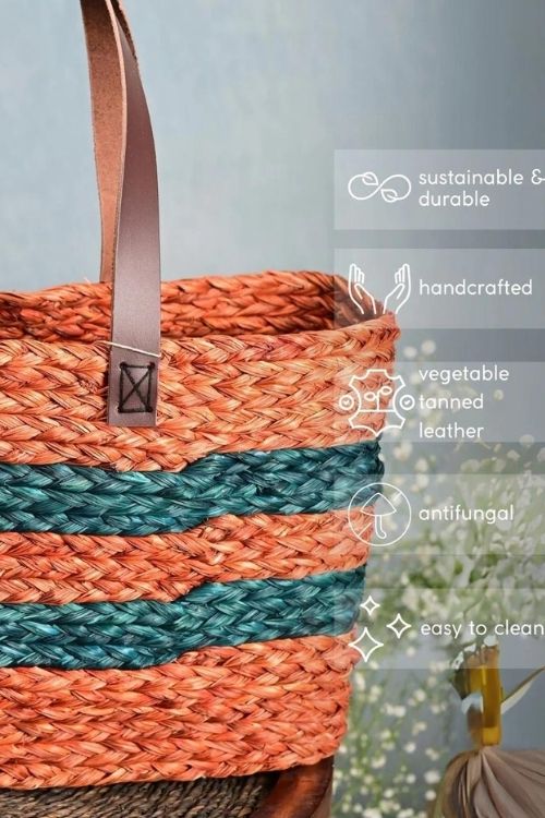 Kadam Haat Handmade Sabai Grass Shopping Bag - Orange & Indigo - Image 3