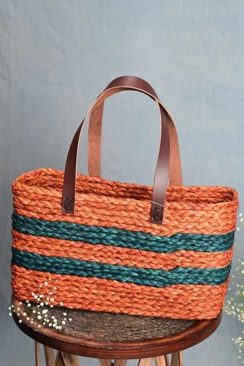 Kadam Haat Handmade Sabai Grass Shopping Bag - Orange & Indigo - Image 4
