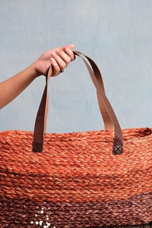 Kadam Haat Handmade Sabai Grass Shopping Bag - Orange & Red - Image 3