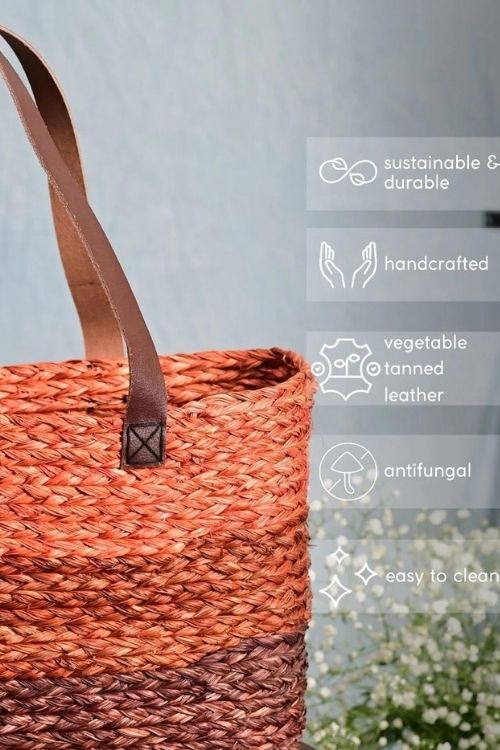 Kadam Haat Handmade Sabai Grass Shopping Bag - Orange & Red - Image 5